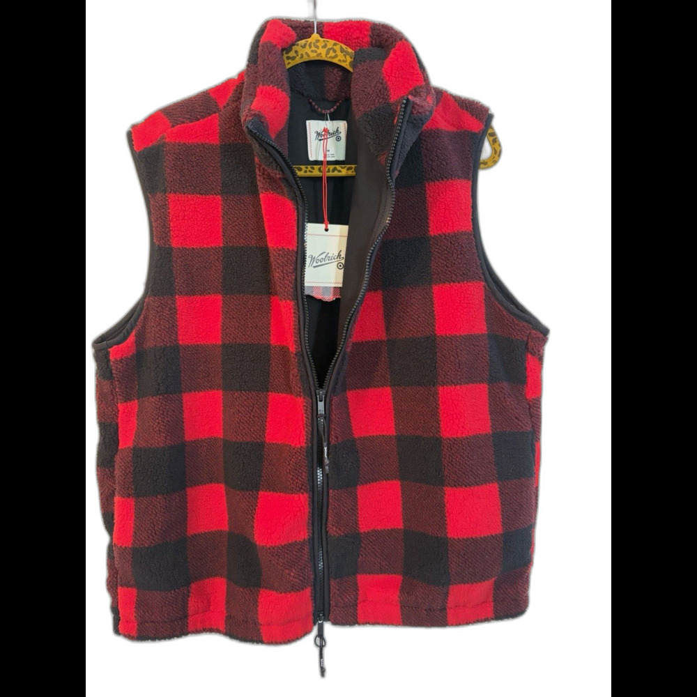 Woolrich Men's Red Black Plaid Vest Full Zip Stand-Up Collar Size M
